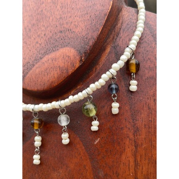 Vtg 1980's Multi Colored Beaded Choker Necklace Adjustable White Beaded Necklace - Picture 2 of 6